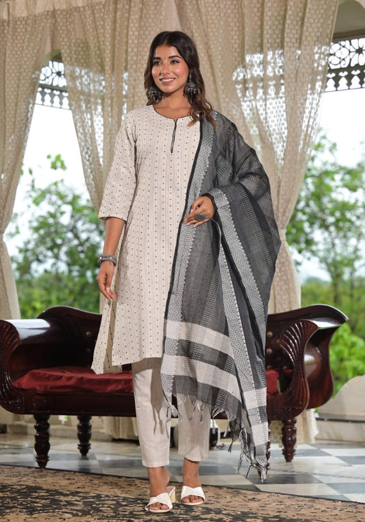 Juniper Women's Off White Geometric Printed Cotton Kurta Pant Set With Tassels On Dupatta