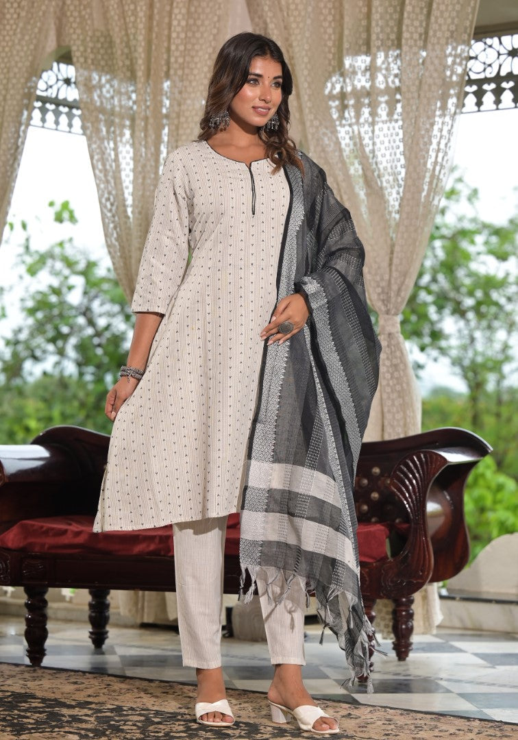 Juniper Women's Off White Geometric Printed Cotton Kurta Pant Set With Tassels On Dupatta