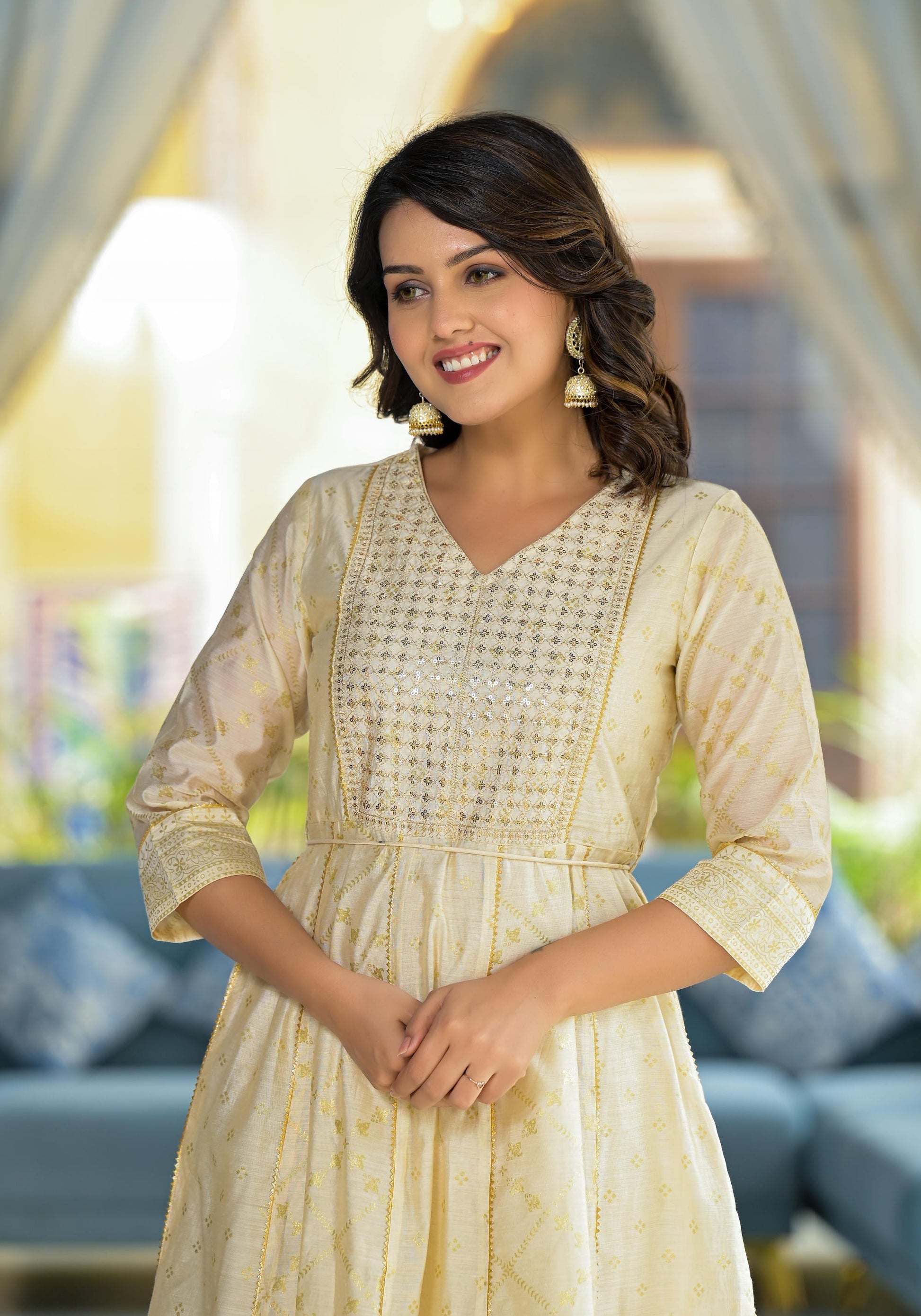 Juniper Ivory Ethnic Motif Printed Chanderi Kurta With Zari & Gota Patti Work