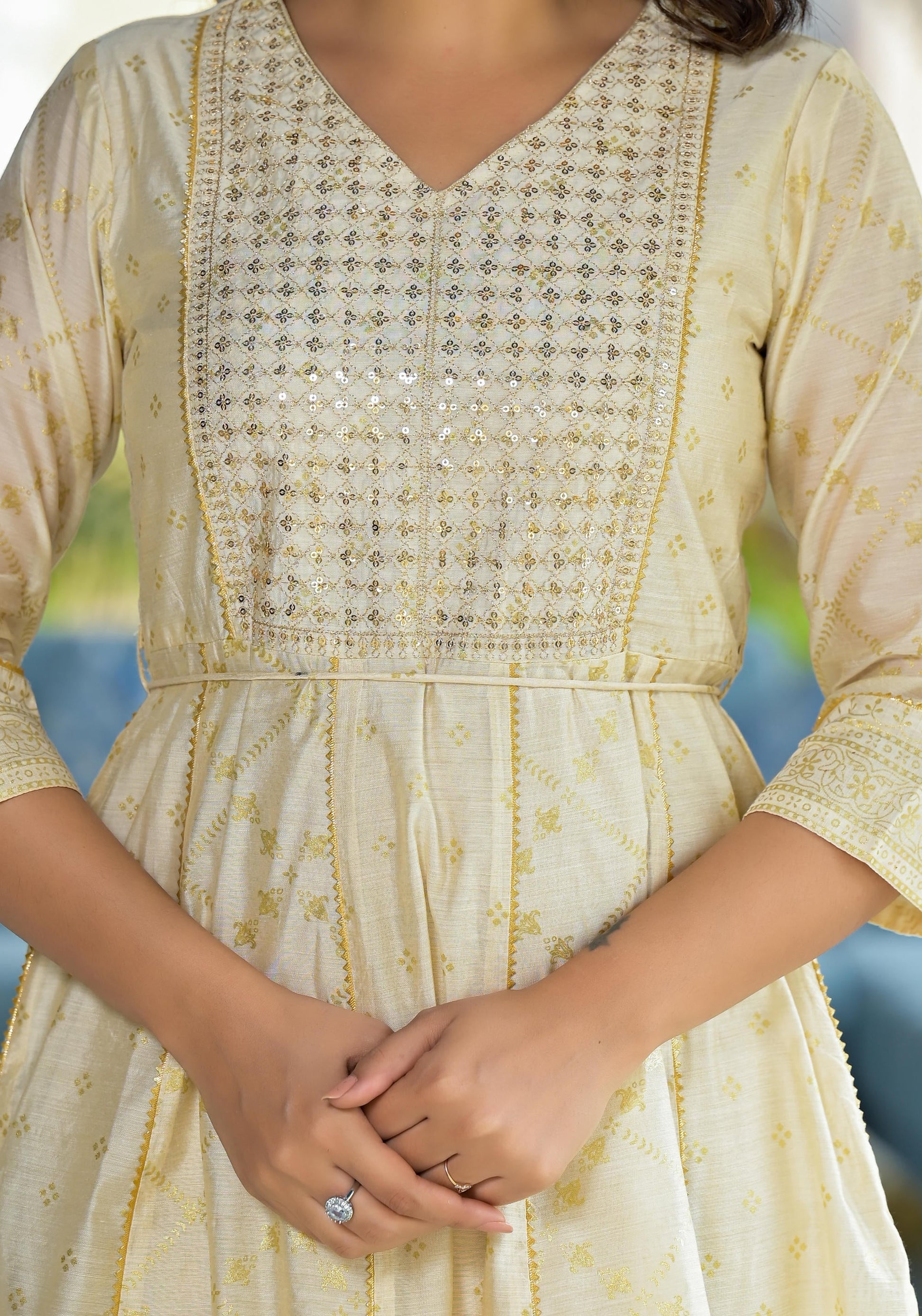 Juniper Ivory Ethnic Motif Printed Chanderi Kurta With Zari & Gota Patti Work