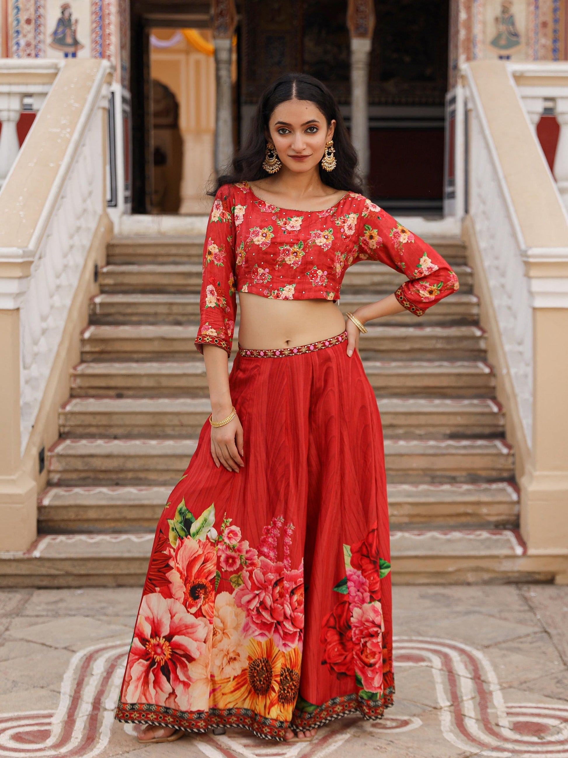 Juniper The Adah Rust Floral Printed Viscose Top & Skirt Set With Sequins & Thread Work 