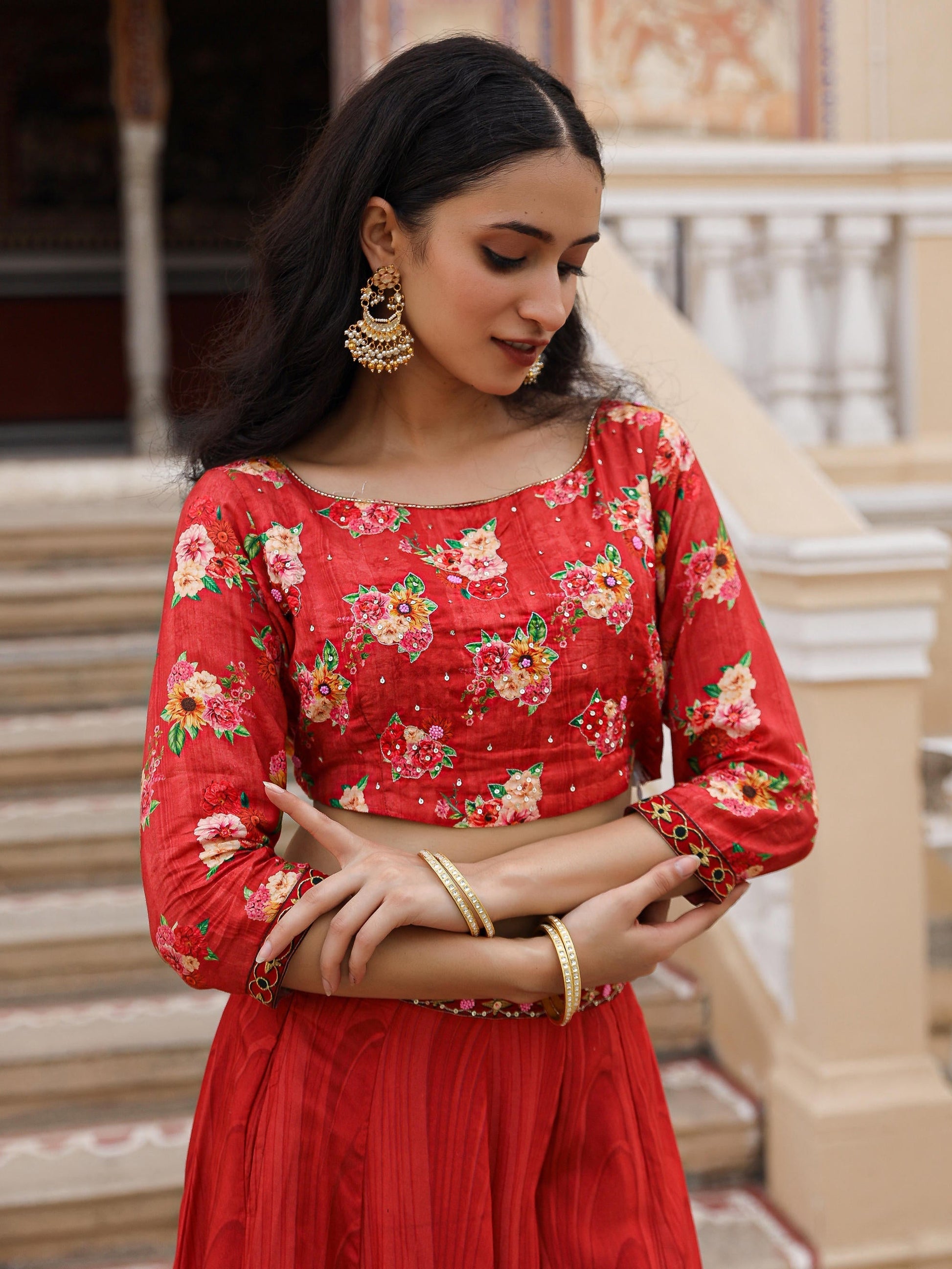 Juniper The Adah Rust Floral Printed Viscose Top & Skirt Set With Sequins & Thread Work 