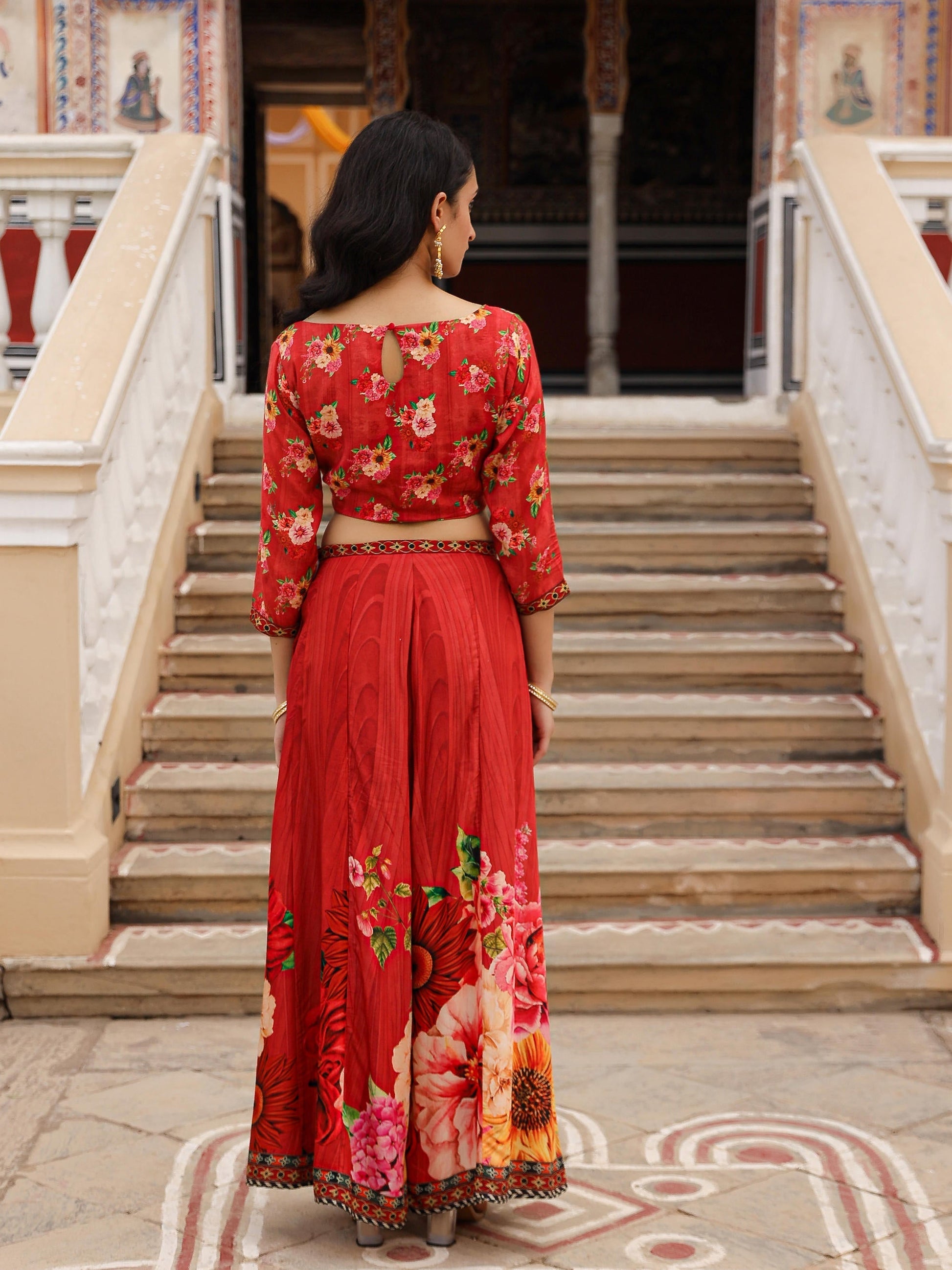 Juniper The Adah Rust Floral Printed Viscose Top & Skirt Set With Sequins & Thread Work 