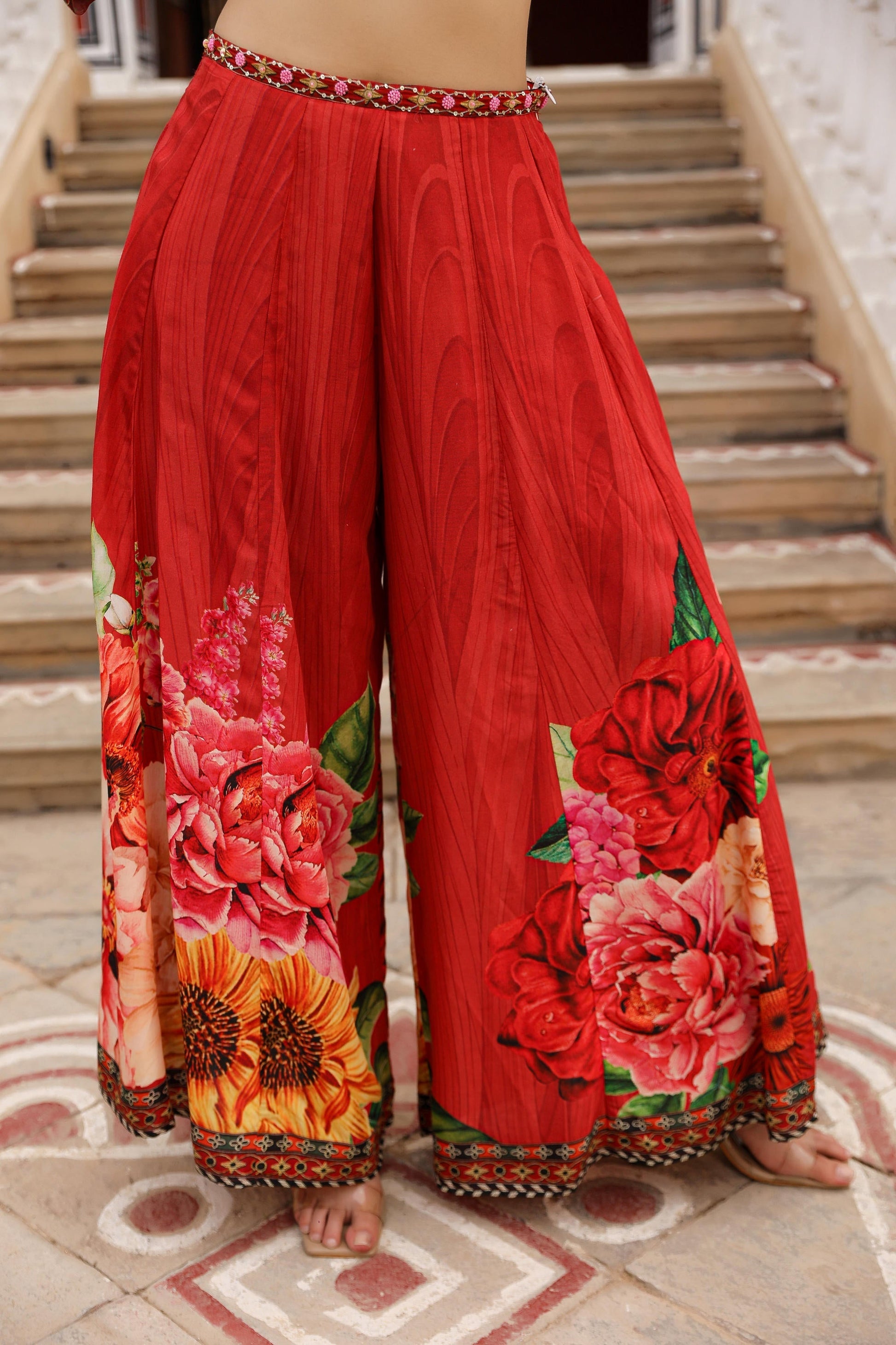 Juniper The Adah Rust Floral Printed Viscose Top & Skirt Set With Sequins & Thread Work 