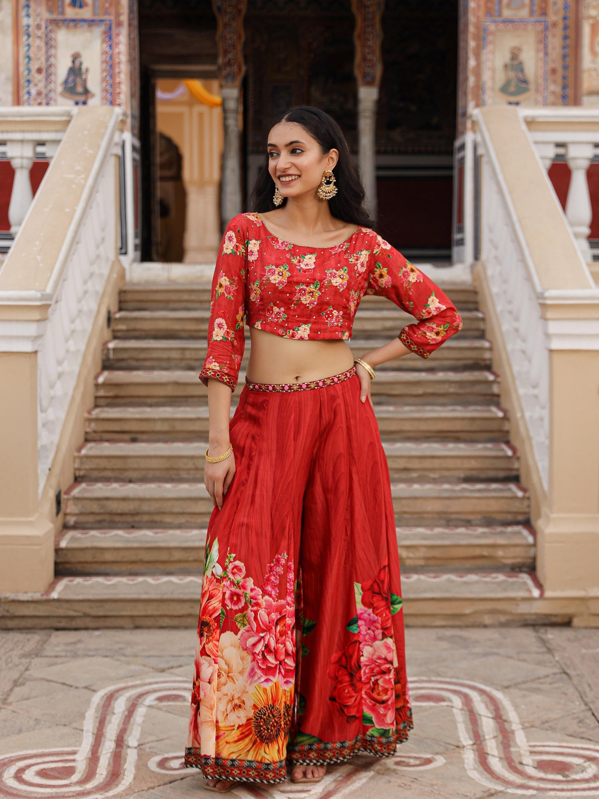 Juniper The Adah Rust Floral Printed Viscose Top & Skirt Set With Sequins & Thread Work 