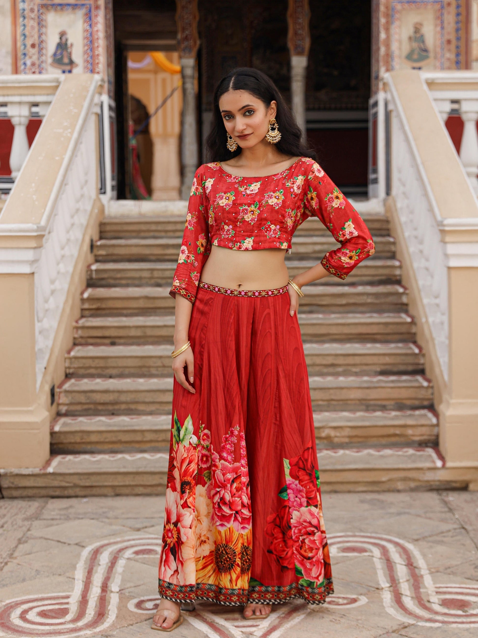 Juniper The Adah Rust Floral Printed Viscose Top & Skirt Set With Sequins & Thread Work 
