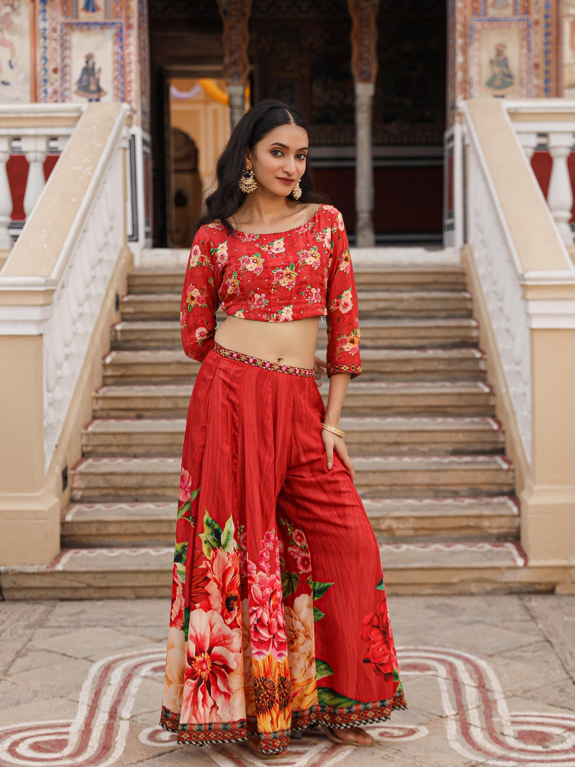 Juniper The Adah Rust Floral Printed Viscose Top & Skirt Set With Sequins & Thread Work 