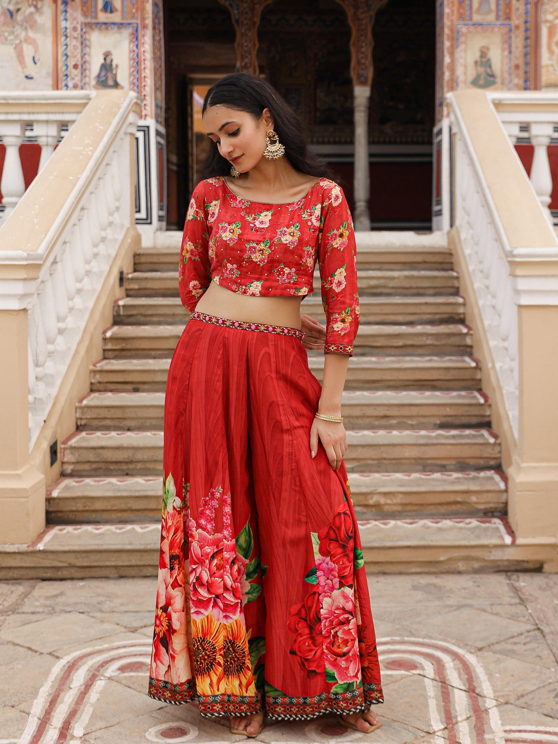 Juniper The Adah Rust Floral Printed Viscose Top & Skirt Set With Sequins & Thread Work 