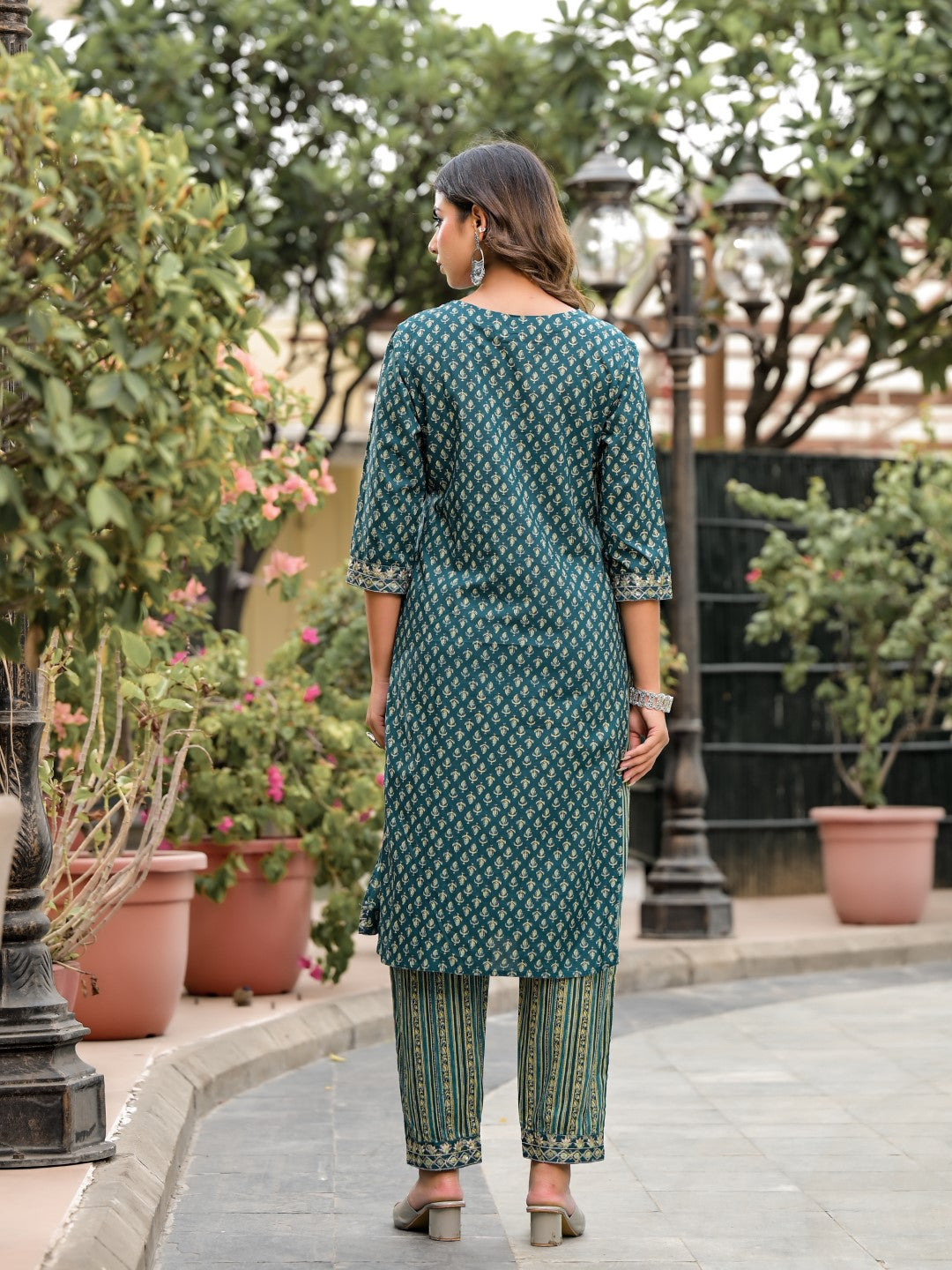 Juniper Women's Green Ethnic Motif Printed Cotton Kurta, Pant And Dupatta Set With Zari Work & Sequins