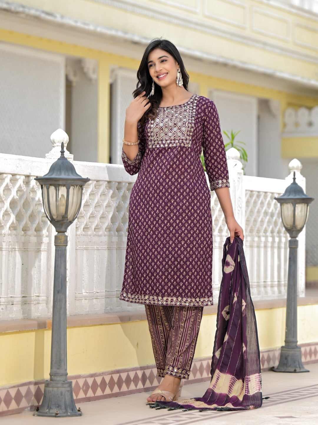 Juniper Women's Wine Ethnic Motif Printed Cotton Kurta, Pant And Dupatta Set With Zari Work & Sequins