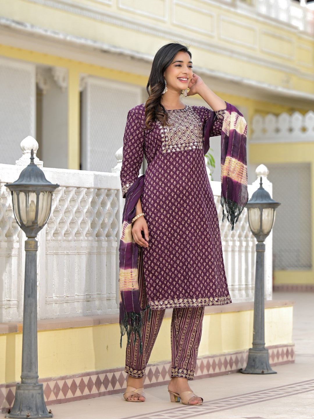 Juniper Women's Wine Ethnic Motif Printed Cotton Kurta, Pant And Dupatta Set With Zari Work & Sequins
