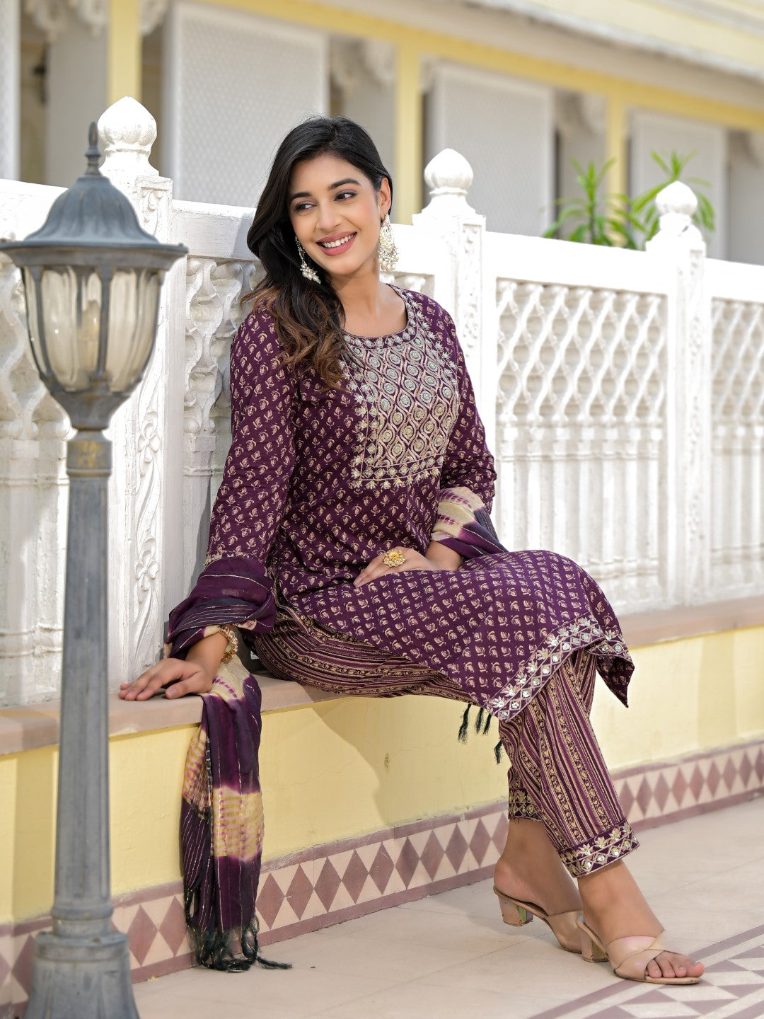 Juniper Women's Wine Ethnic Motif Printed Cotton Kurta, Pant And Dupatta Set With Zari Work & Sequins