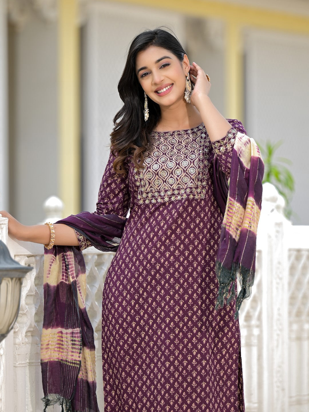 Juniper Women's Wine Ethnic Motif Printed Cotton Kurta, Pant And Dupatta Set With Zari Work & Sequins