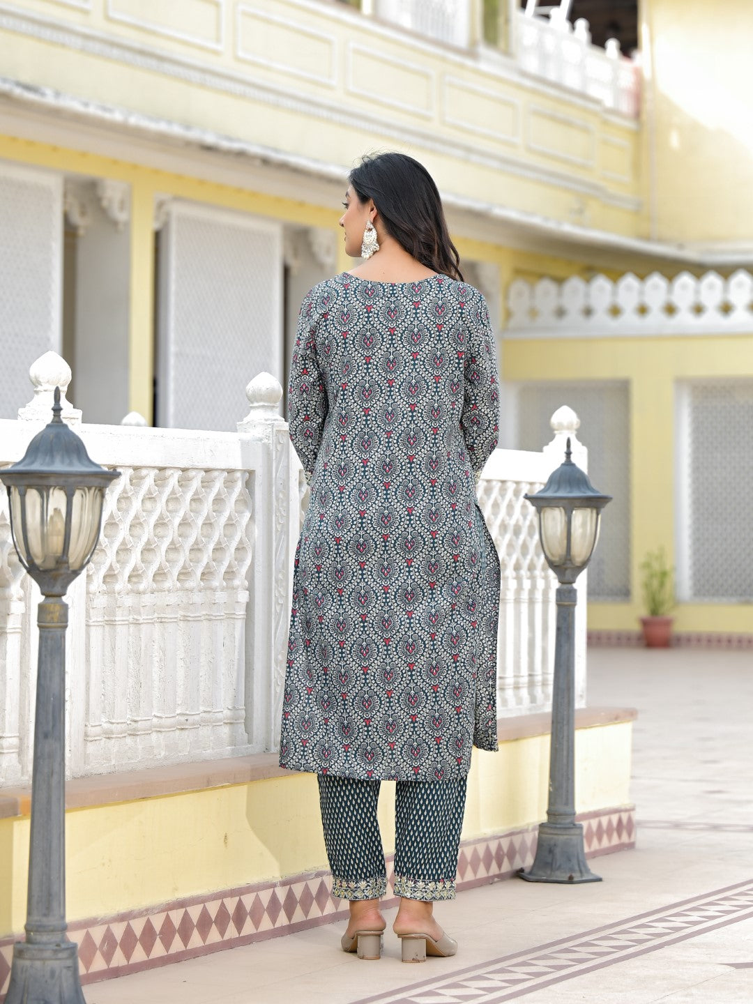 Juniper Women's Teal Ethnic Motif Printed Cotton Kurta, Pant And Dupatta Set With Zari Work & Sequins