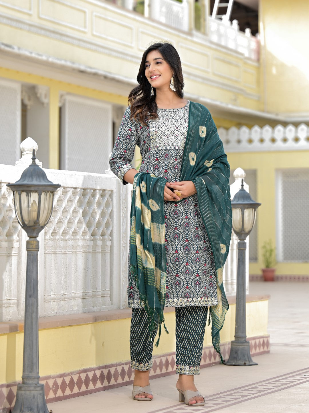 Juniper Women's Teal Ethnic Motif Printed Cotton Kurta, Pant And Dupatta Set With Zari Work & Sequins