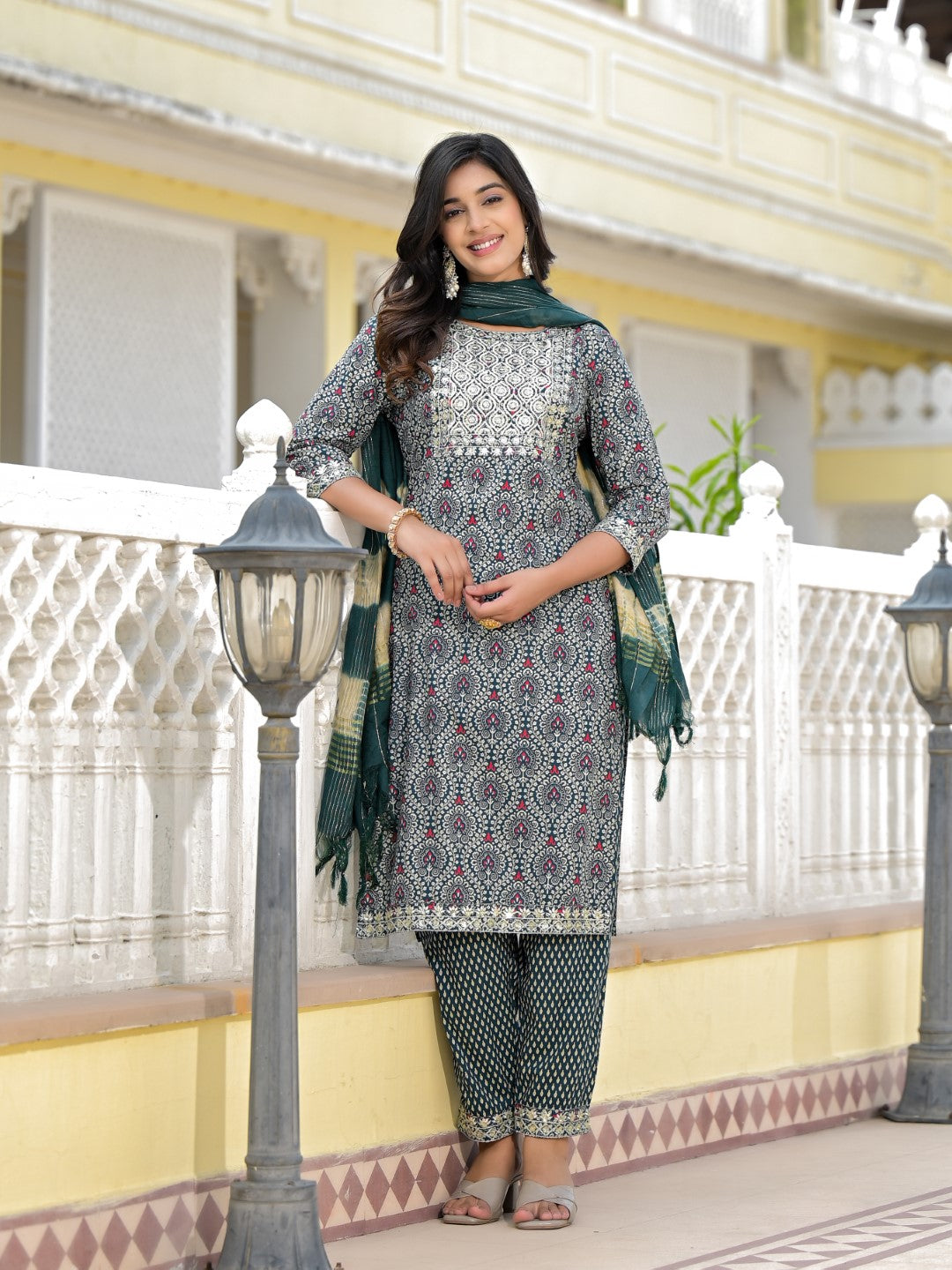 Juniper Women's Teal Ethnic Motif Printed Cotton Kurta, Pant And Dupatta Set With Zari Work & Sequins
