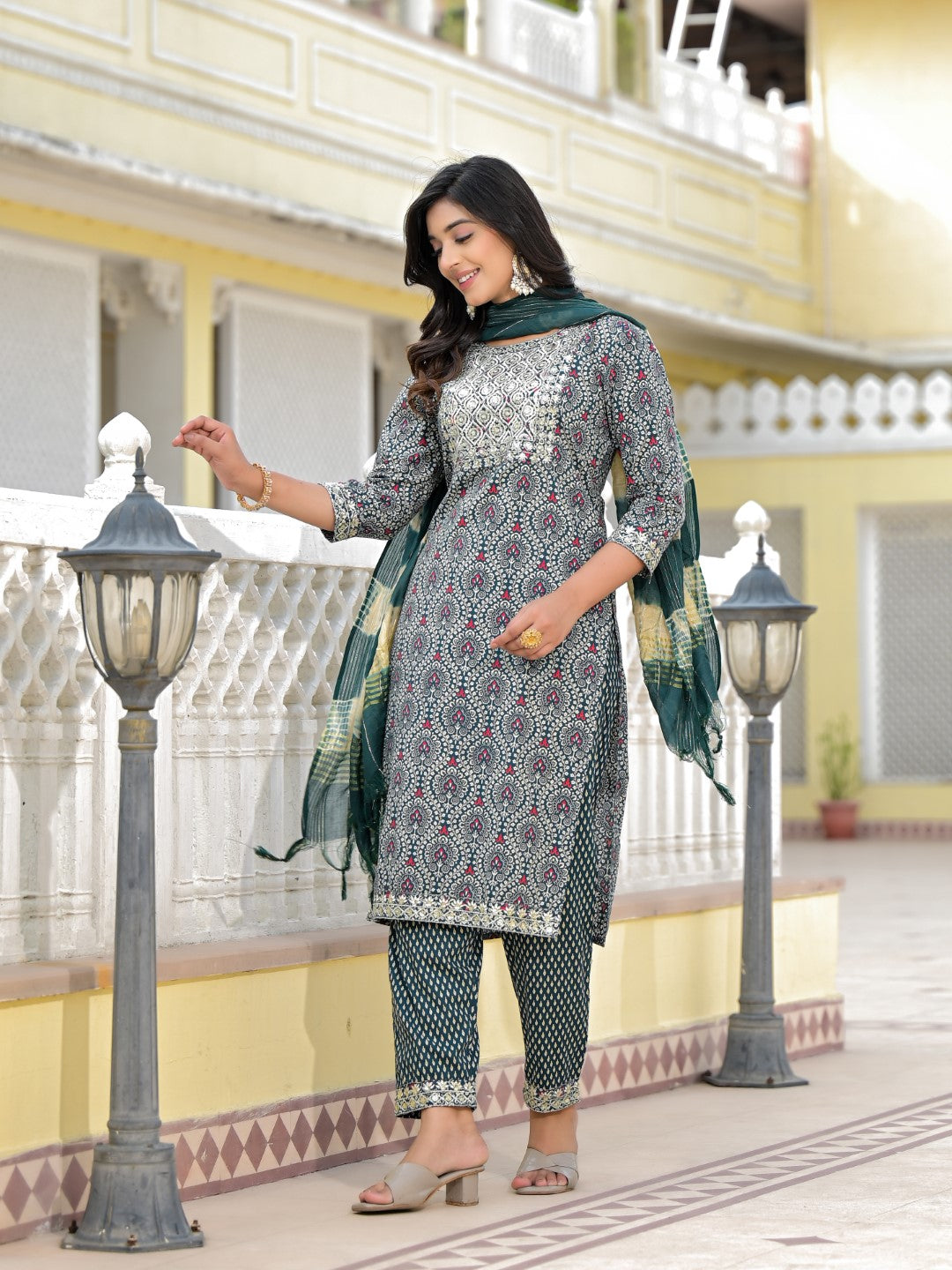 Juniper Women's Teal Ethnic Motif Printed Cotton Kurta, Pant And Dupatta Set With Zari Work & Sequins