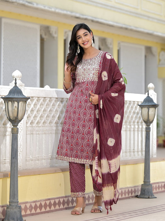 Juniper Women's Wine Ethnic Motif Printed Cotton Kurta, Pant And Dupatta Set With Zari Work & Sequins