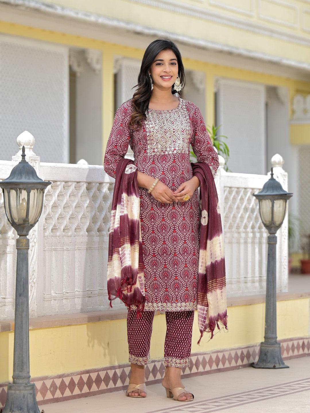 Juniper Women's Wine Ethnic Motif Printed Cotton Kurta, Pant And Dupatta Set With Zari Work & Sequins