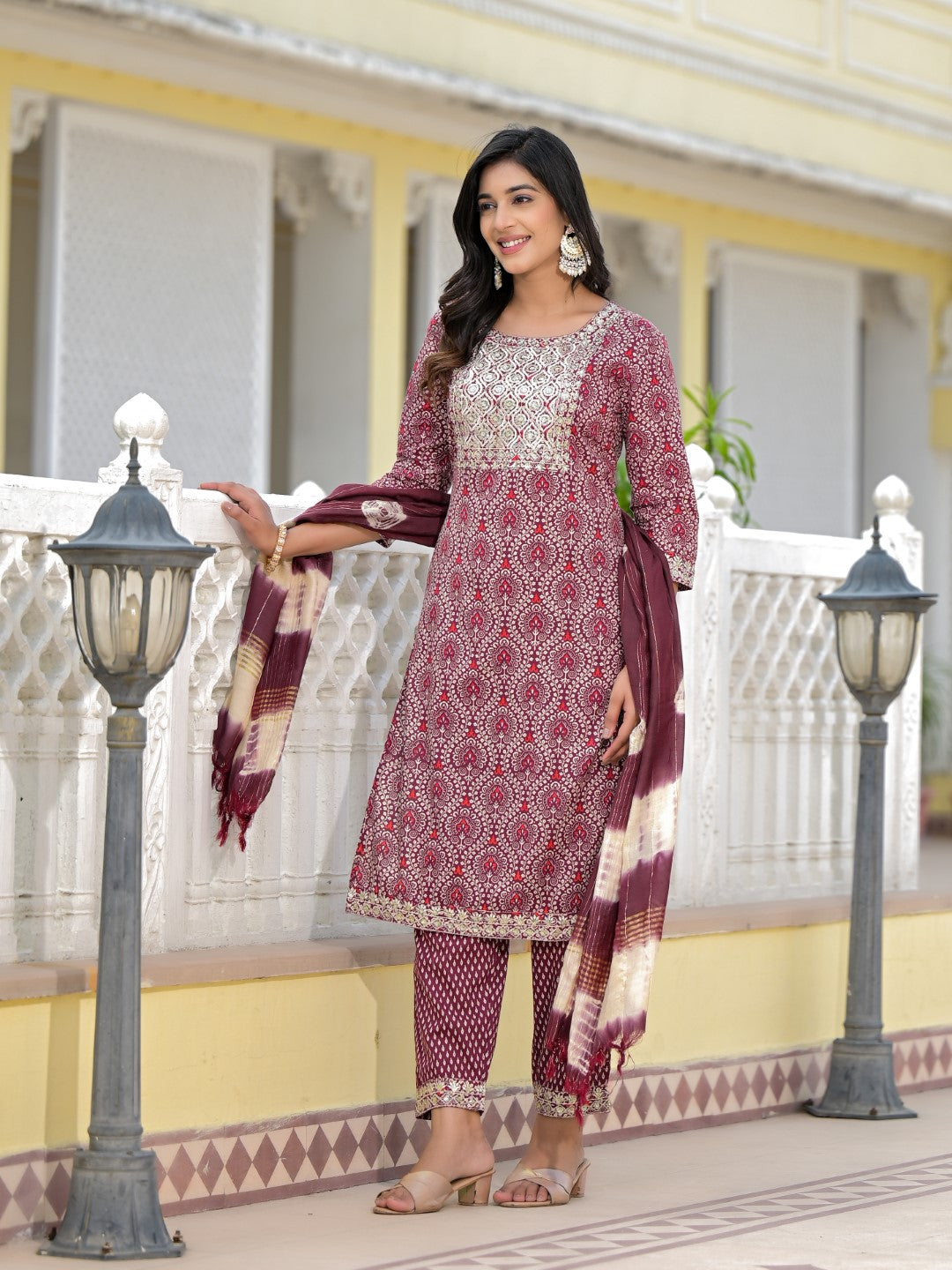 Juniper Women's Wine Ethnic Motif Printed Cotton Kurta, Pant And Dupatta Set With Zari Work & Sequins