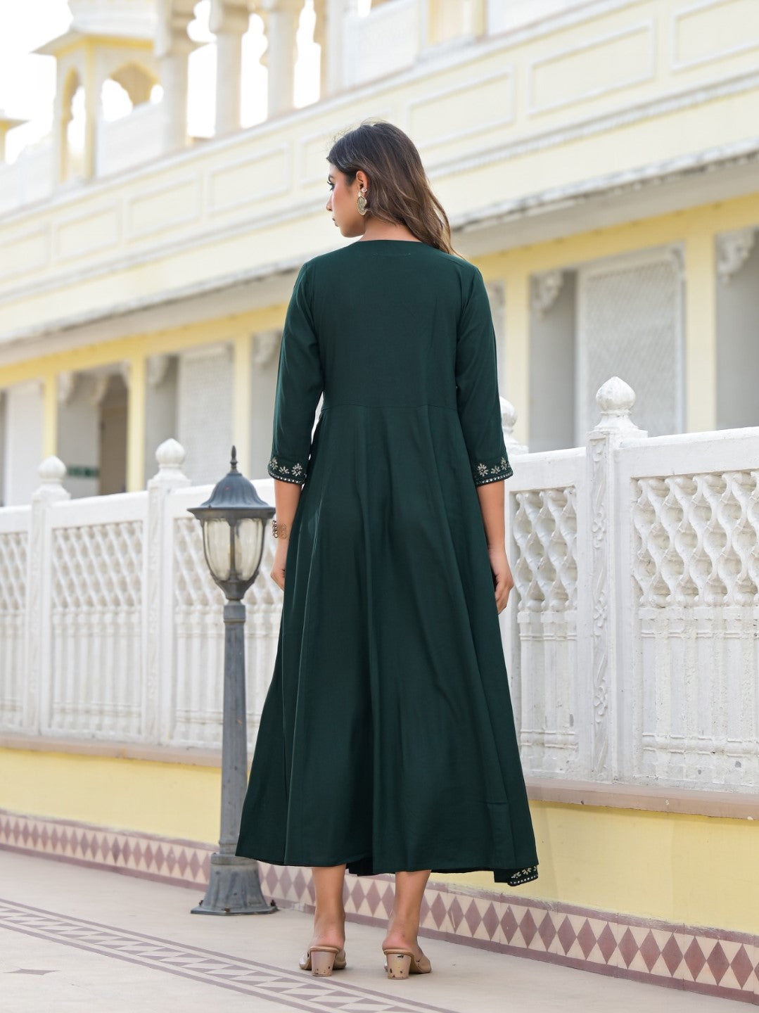 Juniper Women's Bottle Green Mirror Embroidered Liva Rayon Dress With Sequins