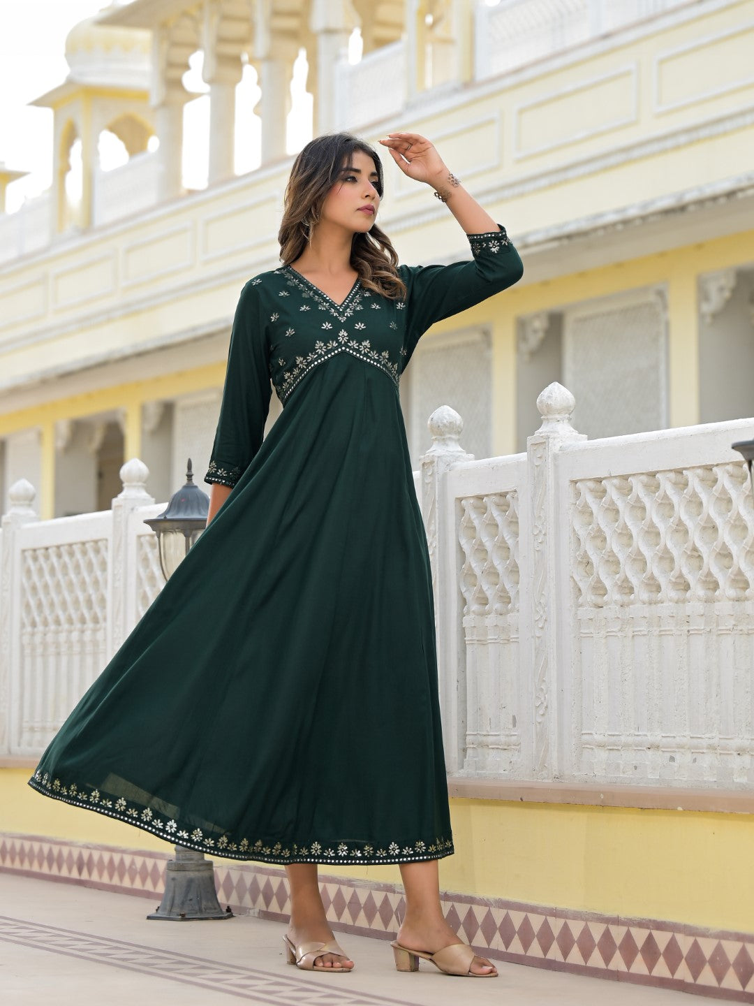 Juniper Women's Bottle Green Mirror Embroidered Liva Rayon Dress With Sequins