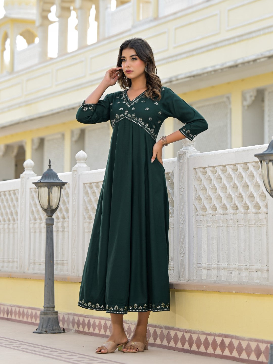 Juniper Women's Bottle Green Mirror Embroidered Liva Rayon Dress With Sequins