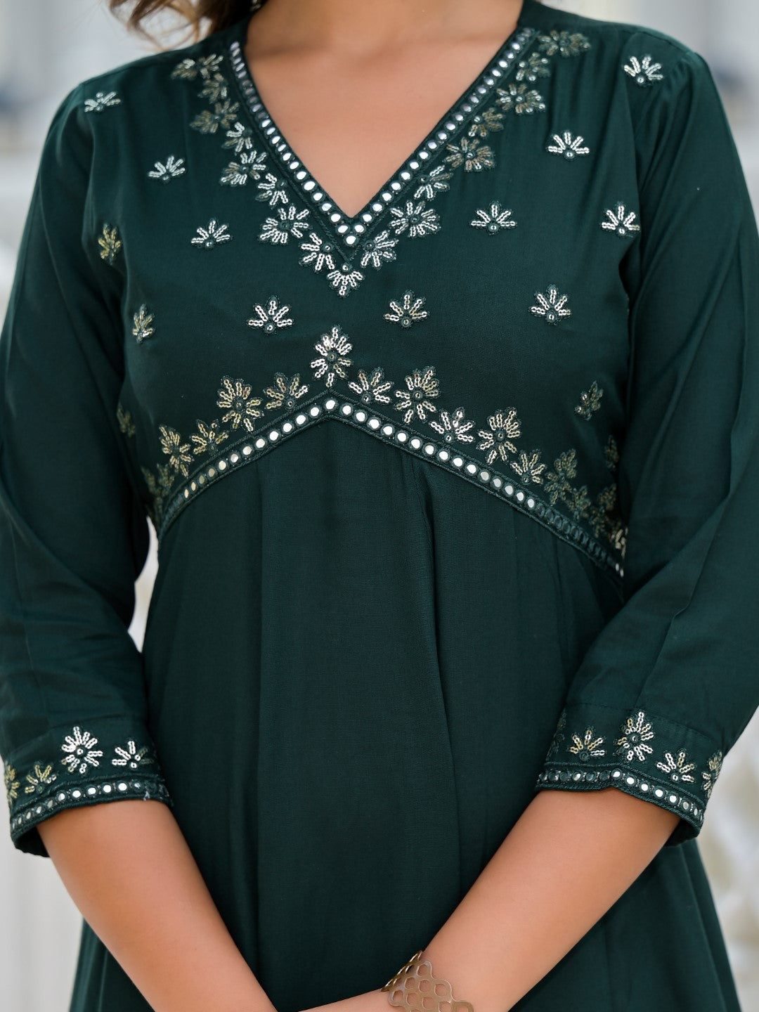 Juniper Women's Bottle Green Mirror Embroidered Liva Rayon Dress With Sequins