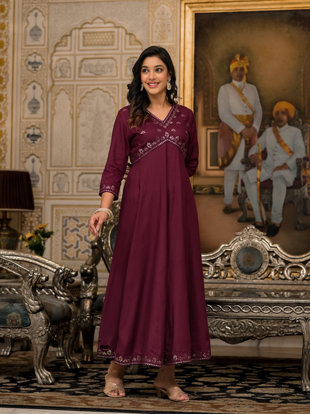 Juniper Women's Wine Mirror Embroidered Liva Rayon Dress For With Sequins