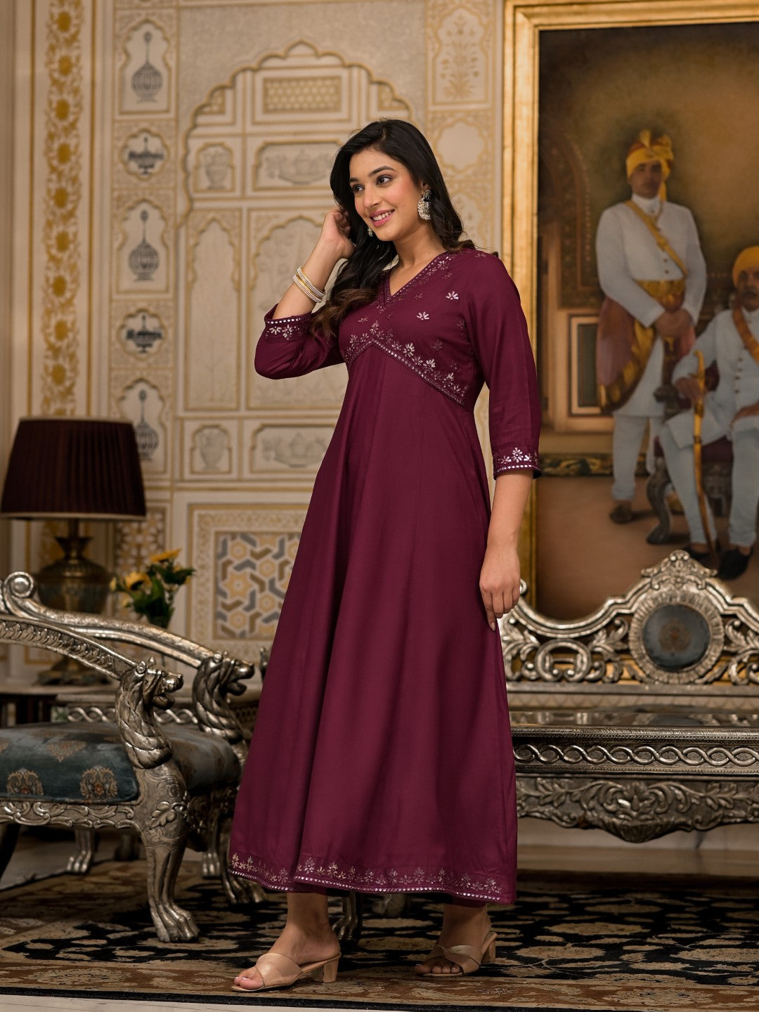 Juniper Women's Wine Mirror Embroidered Liva Rayon Dress For With Sequins