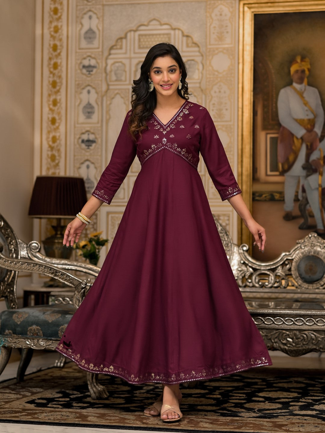 Juniper Women's Wine Mirror Embroidered Liva Rayon Dress For With Sequins