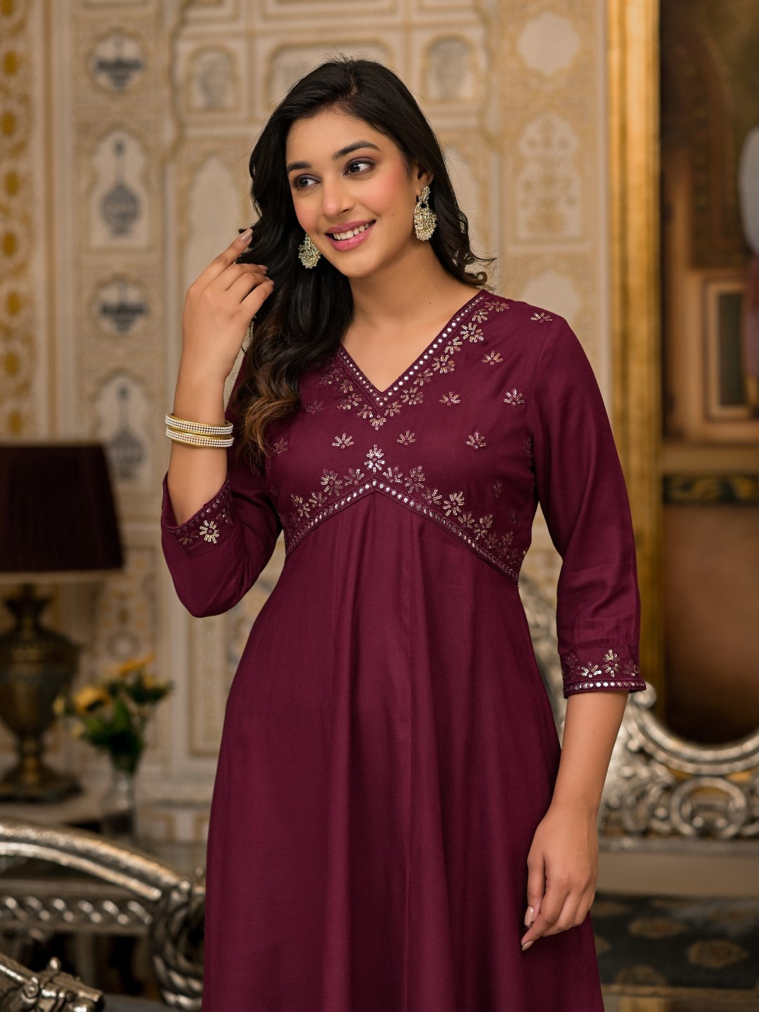 Juniper Women's Wine Mirror Embroidered Liva Rayon Dress For With Sequins