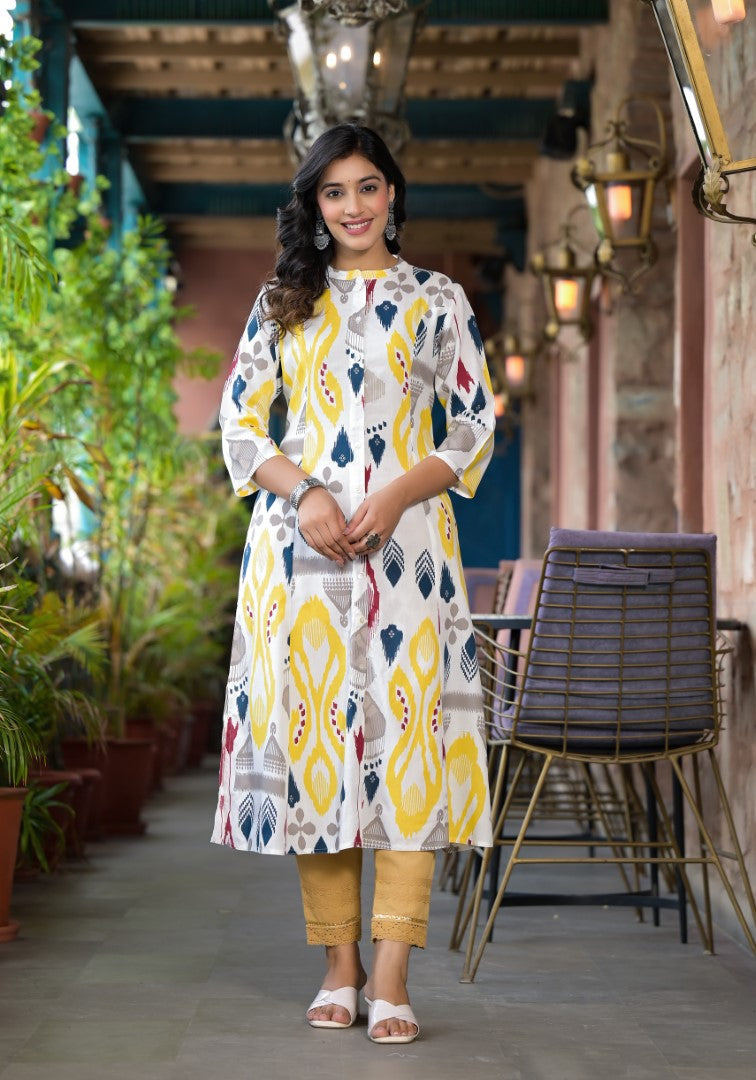 Juniper Women's Yellow Ikat Printed Liva Rayon Kurta With Button Closure 