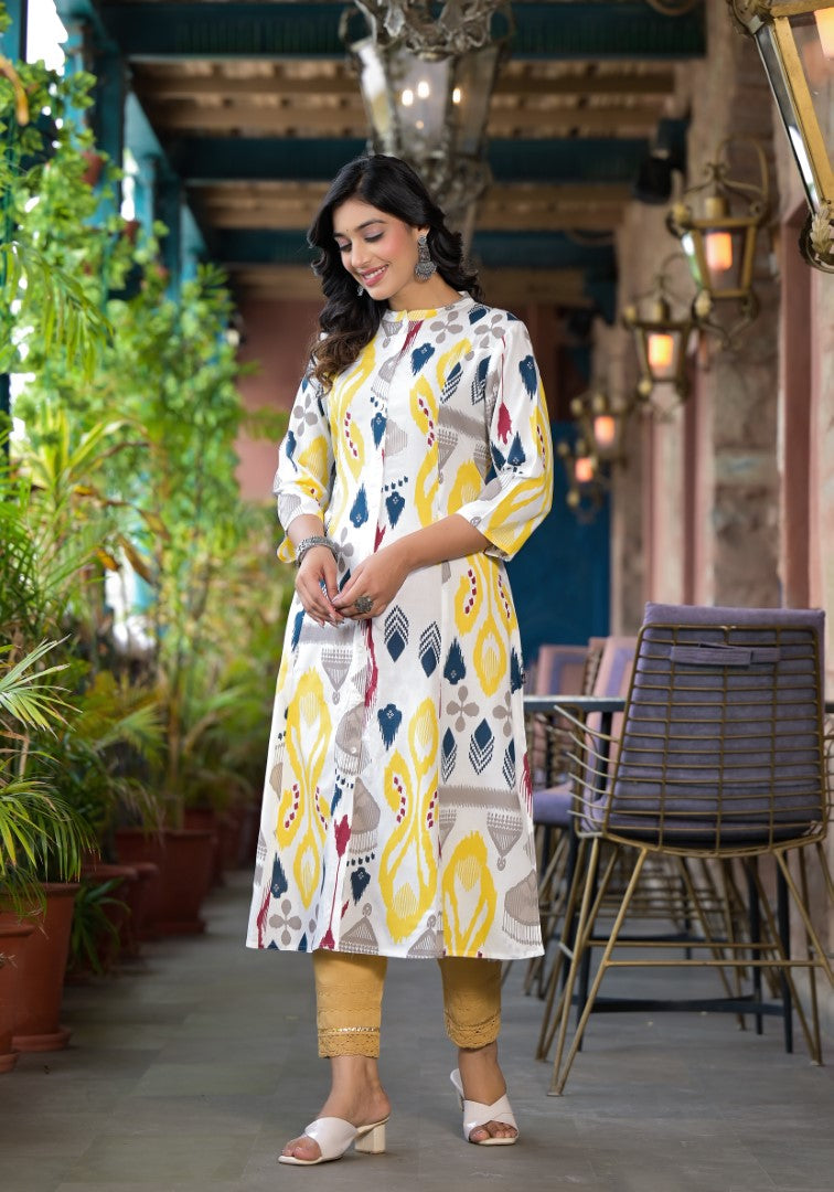 Juniper Women's Yellow Ikat Printed Liva Rayon Kurta With Button Closure 