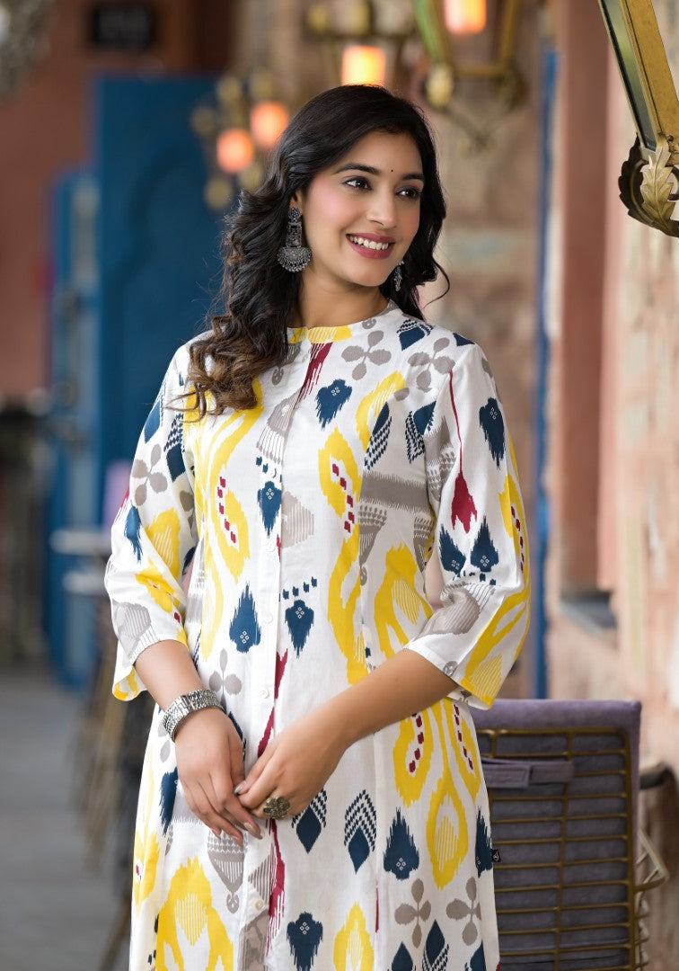 Juniper Women's Yellow Ikat Printed Liva Rayon Kurta With Button Closure 