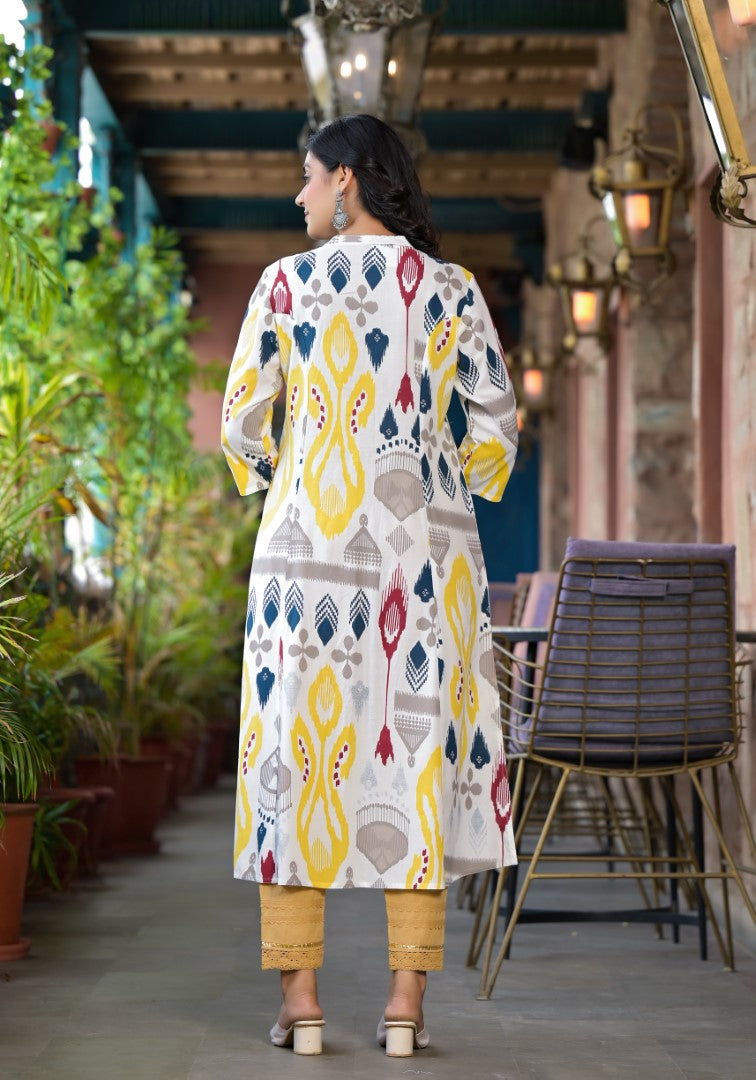 Juniper Women's Yellow Ikat Printed Liva Rayon Kurta With Button Closure 