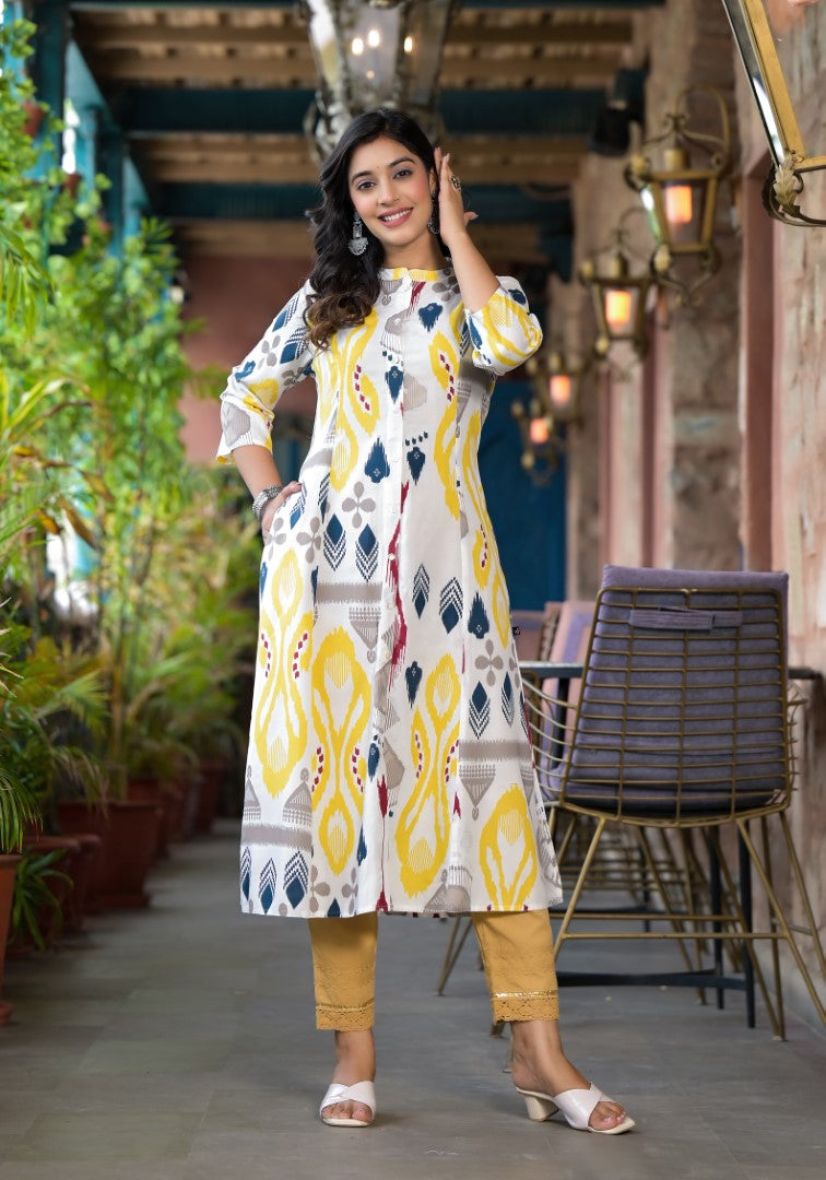 Juniper Women's Yellow Ikat Printed Liva Rayon Kurta With Button Closure 