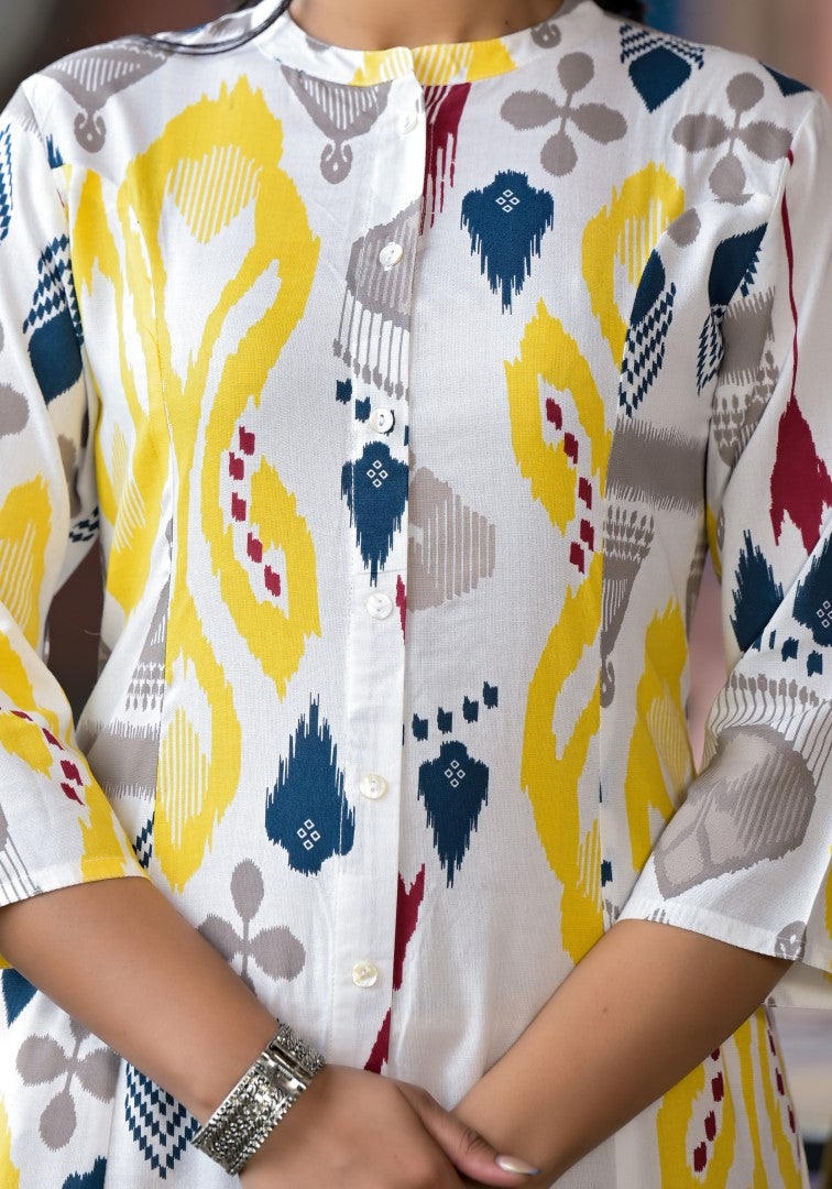 Juniper Women's Yellow Ikat Printed Liva Rayon Kurta With Button Closure 