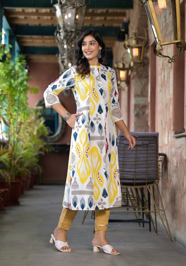 Juniper Women's Yellow Ikat Printed Liva Rayon Kurta With Button Closure 
