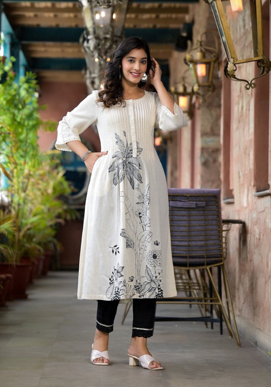 Juniper Women's Natural Floral Printed Kurta With Buttons & Lace
