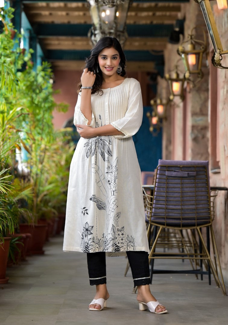 Juniper Women's Natural Floral Printed Kurta With Buttons & Lace