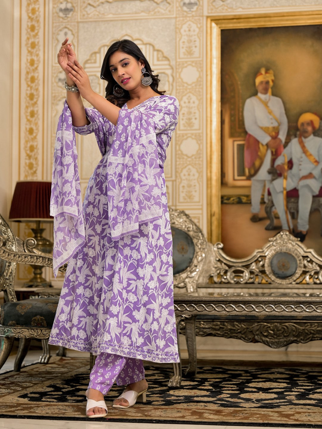 Juniper Women's Lavender Floral Printed Rayon Kurta, Pant And Dupatta Set With Thread & Sequins Work