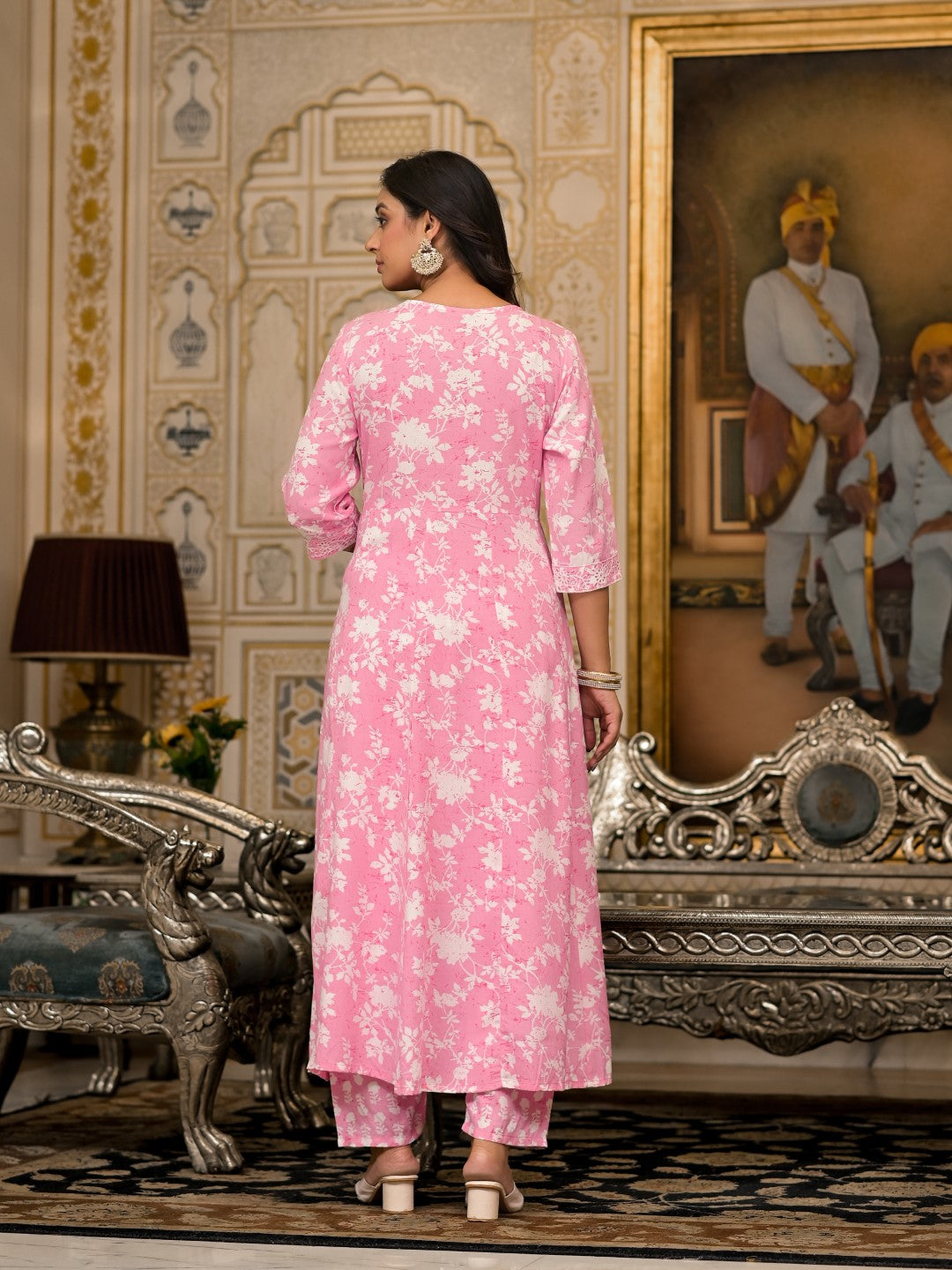 Juniper Women's Pink Floral Printed Rayon Kurta, Pant And Dupatta Set With Thread & Sequins Work