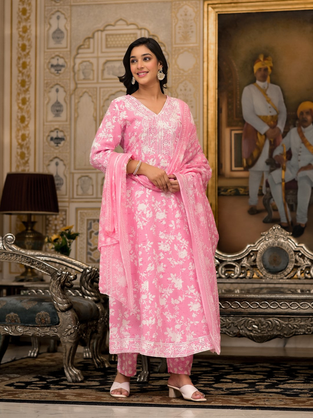 Juniper Women's Pink Floral Printed Rayon Kurta, Pant And Dupatta Set With Thread & Sequins Work