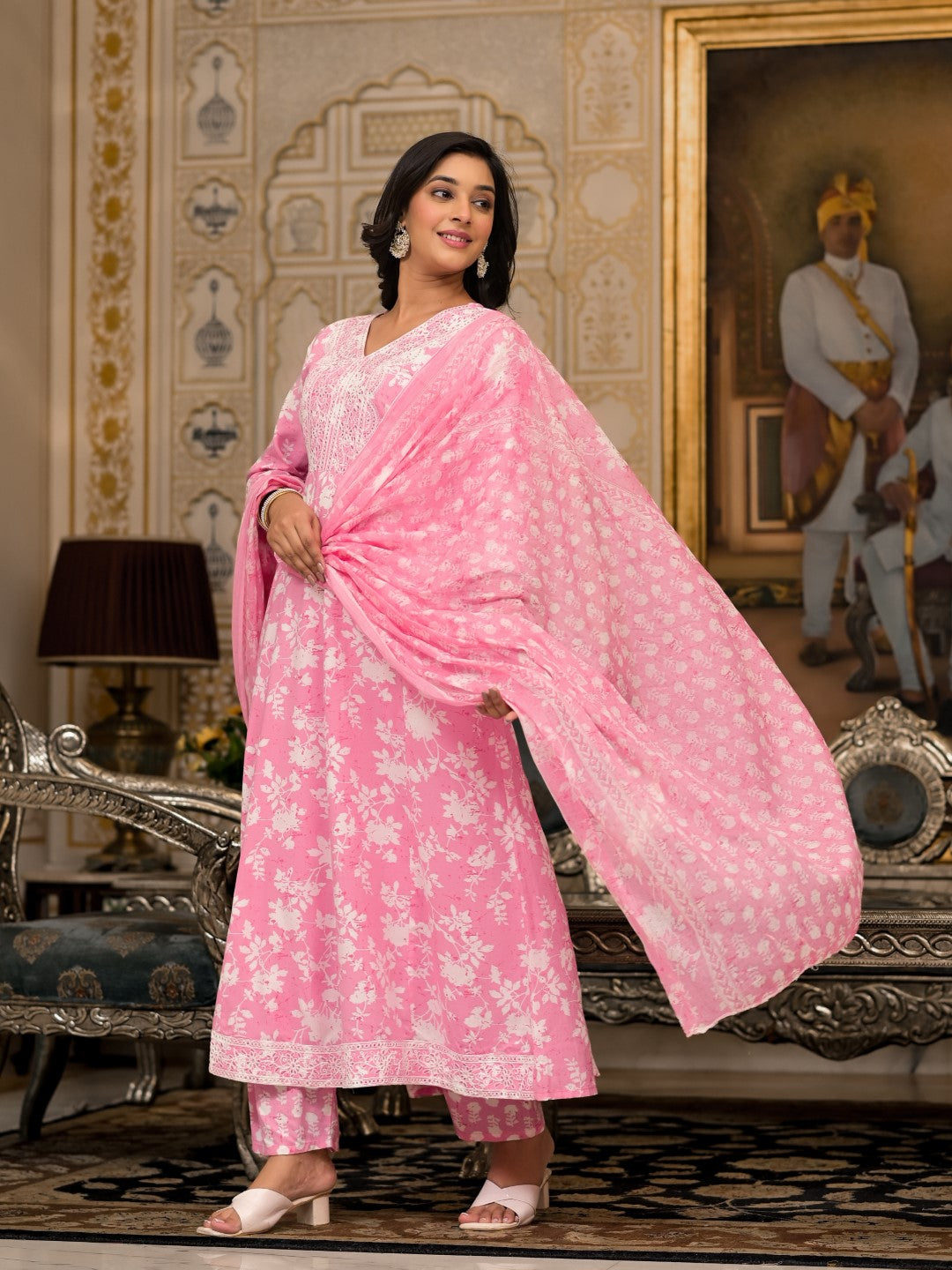 Juniper Women's Pink Floral Printed Rayon Kurta, Pant And Dupatta Set With Thread & Sequins Work