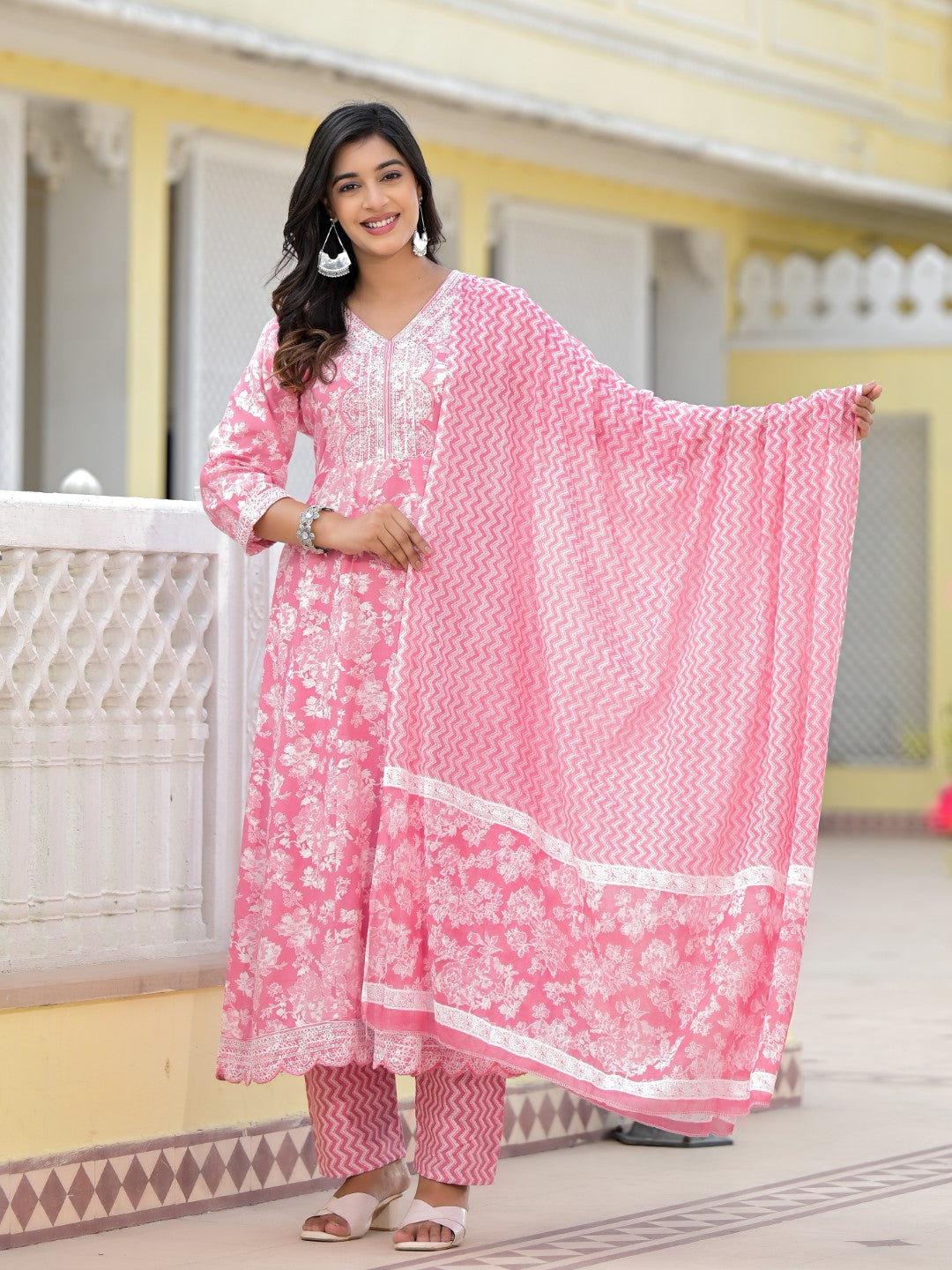 Juniper Women's Pink Floral Printed Rayon Kurta, Pant And Dupatta Set With Thread & Sequins Work