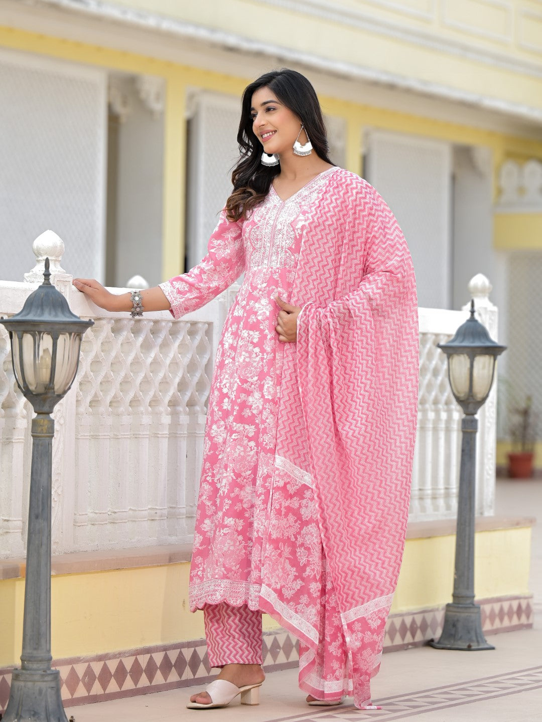 Juniper Women's Pink Floral Printed Rayon Kurta, Pant And Dupatta Set With Thread & Sequins Work