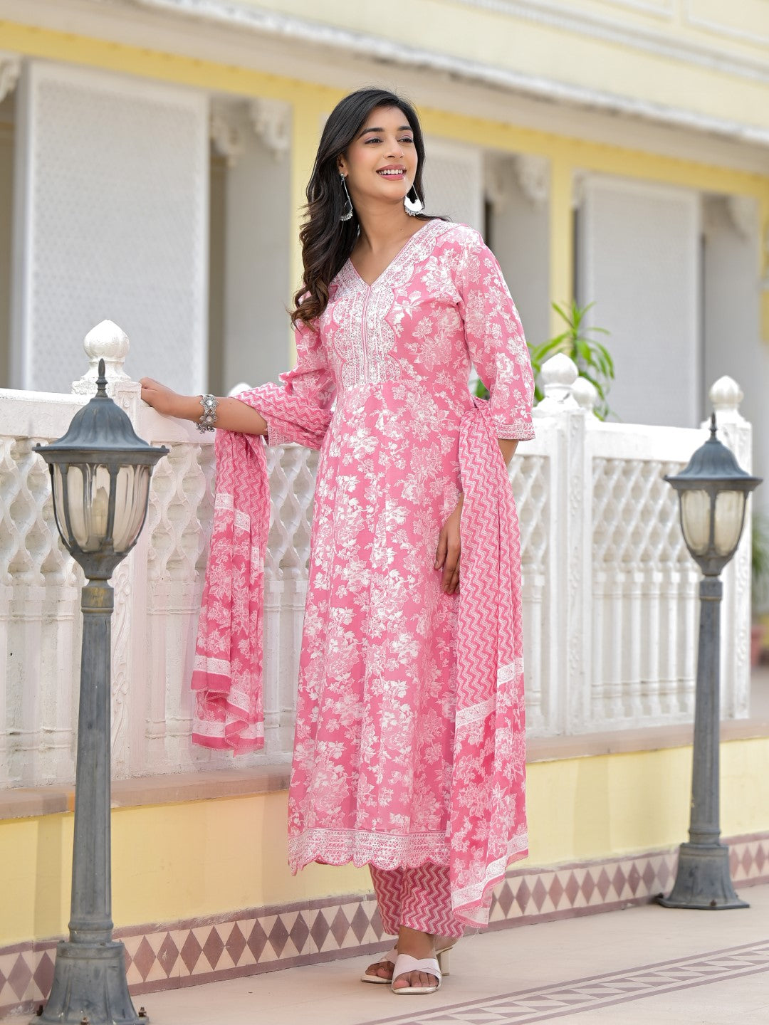 Juniper Women's Pink Floral Printed Rayon Kurta, Pant And Dupatta Set With Thread & Sequins Work