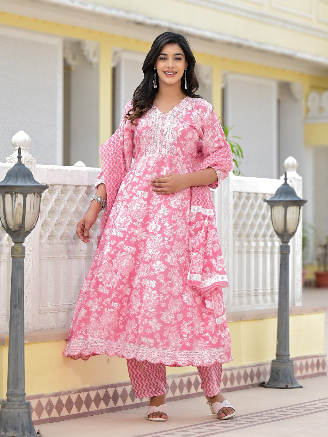 Juniper Women's Pink Floral Printed Rayon Kurta, Pant And Dupatta Set With Thread & Sequins Work
