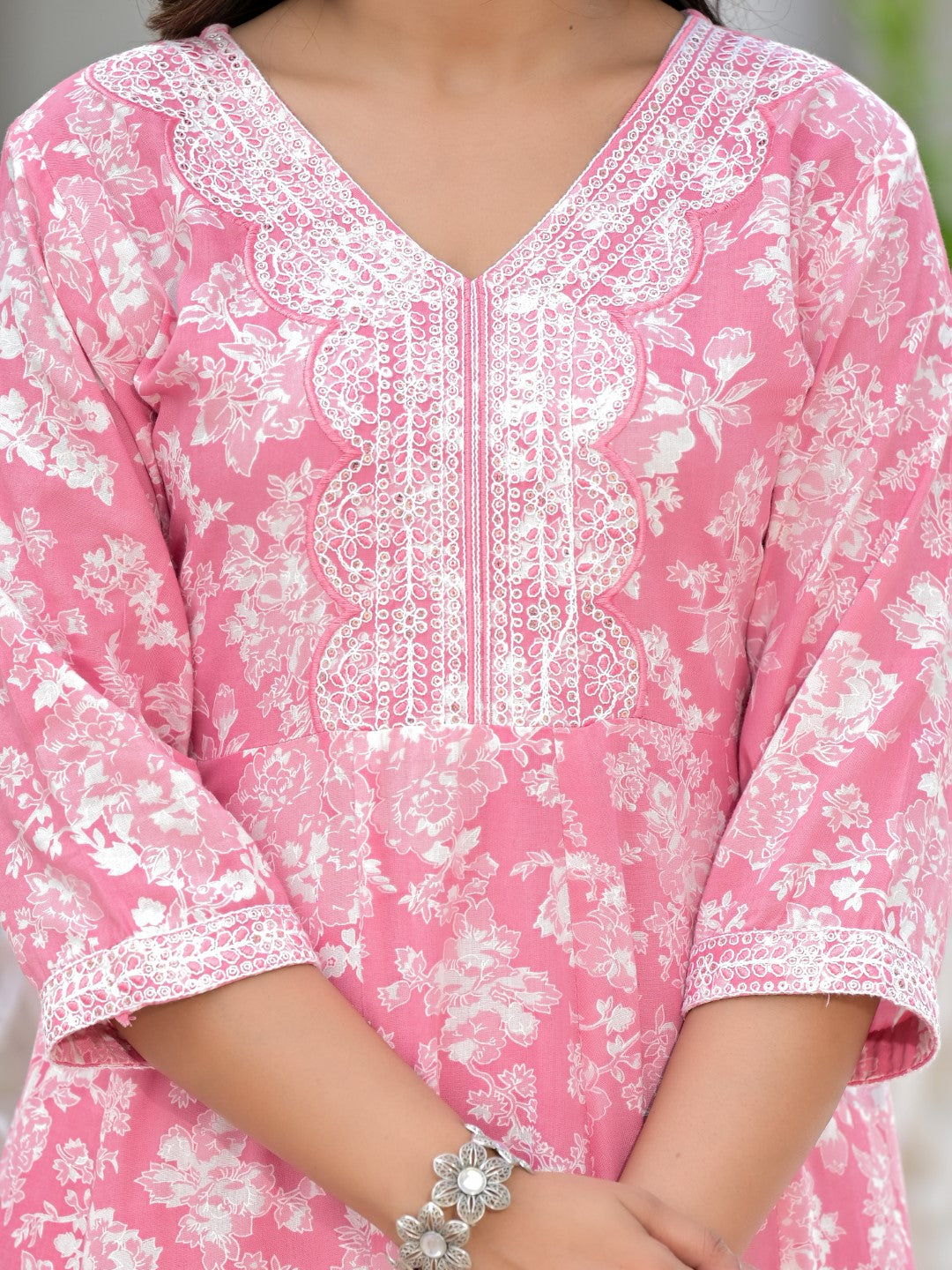 Juniper Women's Pink Floral Printed Rayon Kurta, Pant And Dupatta Set With Thread & Sequins Work